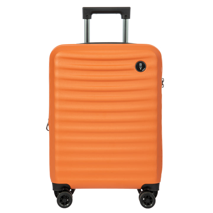 Orange Bric's cabin suitcase with a black handle and textured surface on a white background