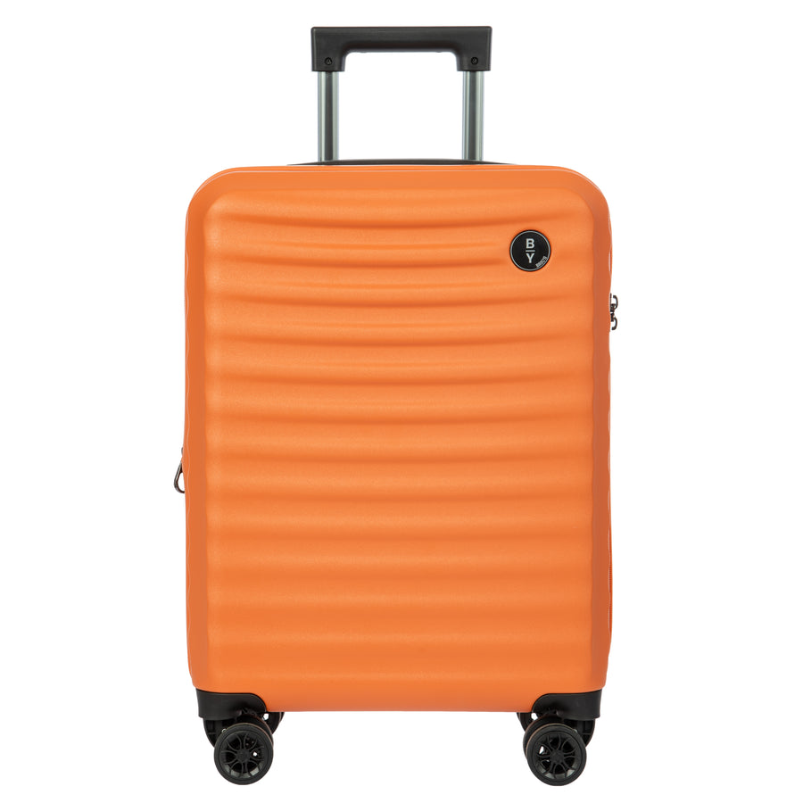 Orange Bric's cabin suitcase with a black handle and textured surface on a white background
