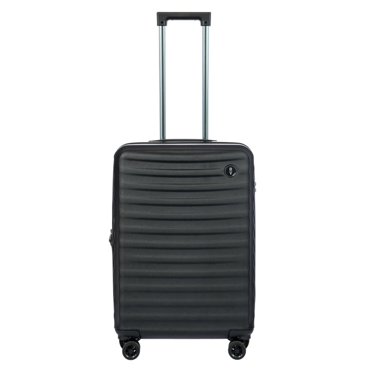 Black Bric's suitcase with a textured surface on a white background