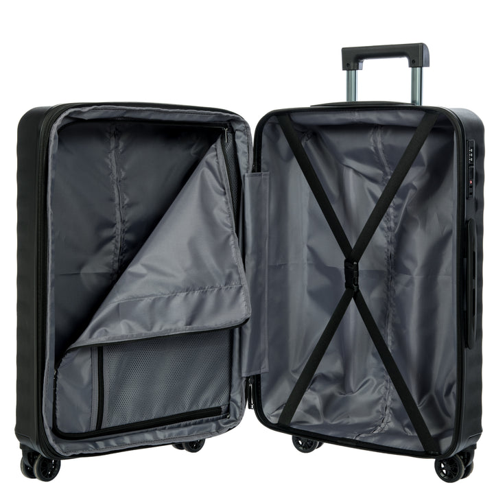 Open black suitcase showing the grey interior lining and compartments on a white background