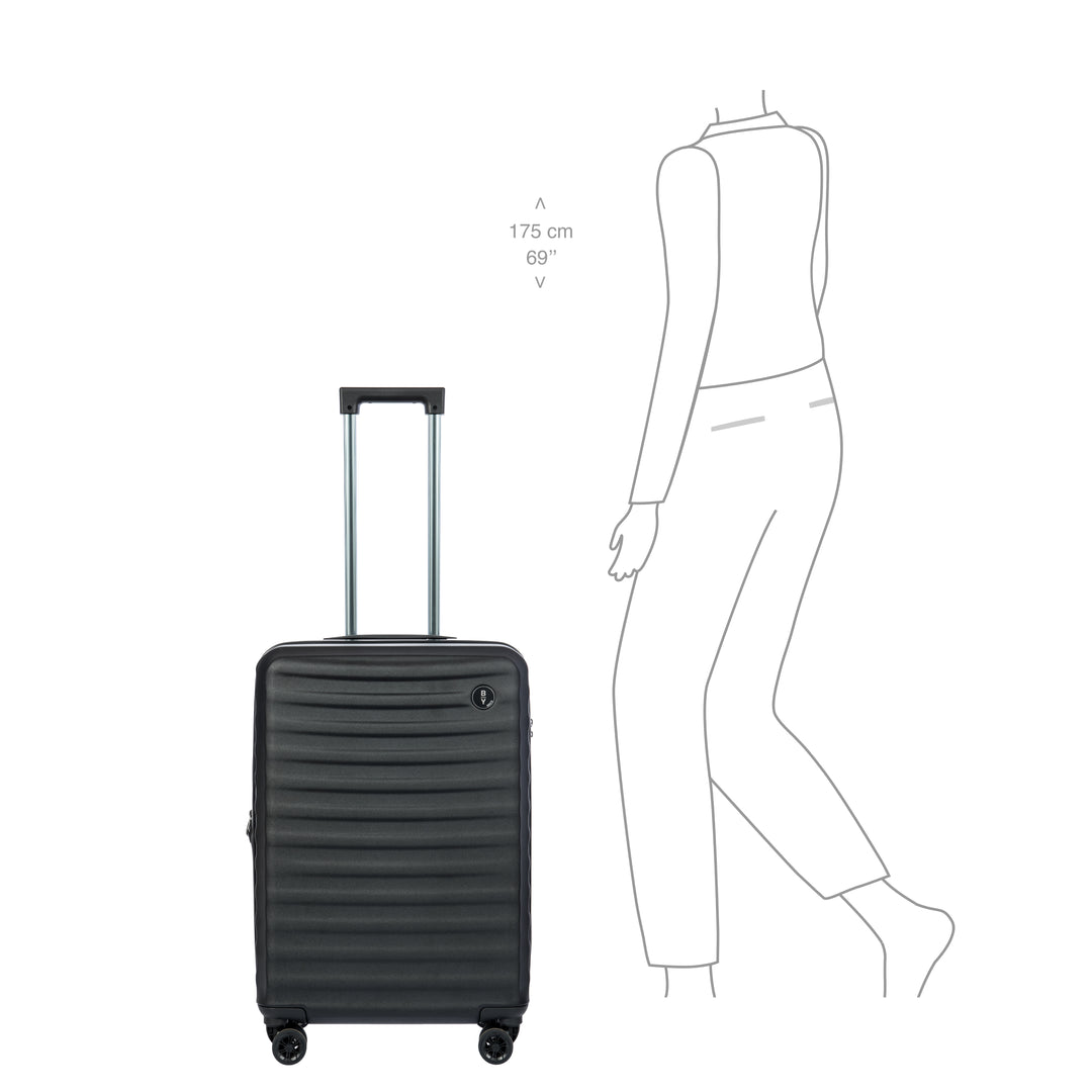 Black suitcase with dimensions shown relative to a person's height on a white background
