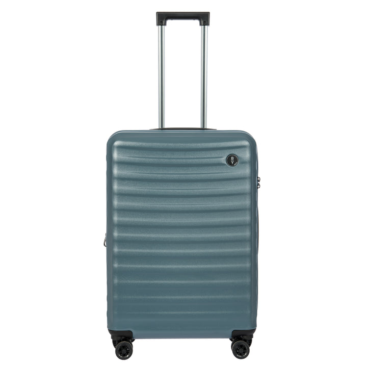Blue Bric's suitcase with a ribbed texture on a white background