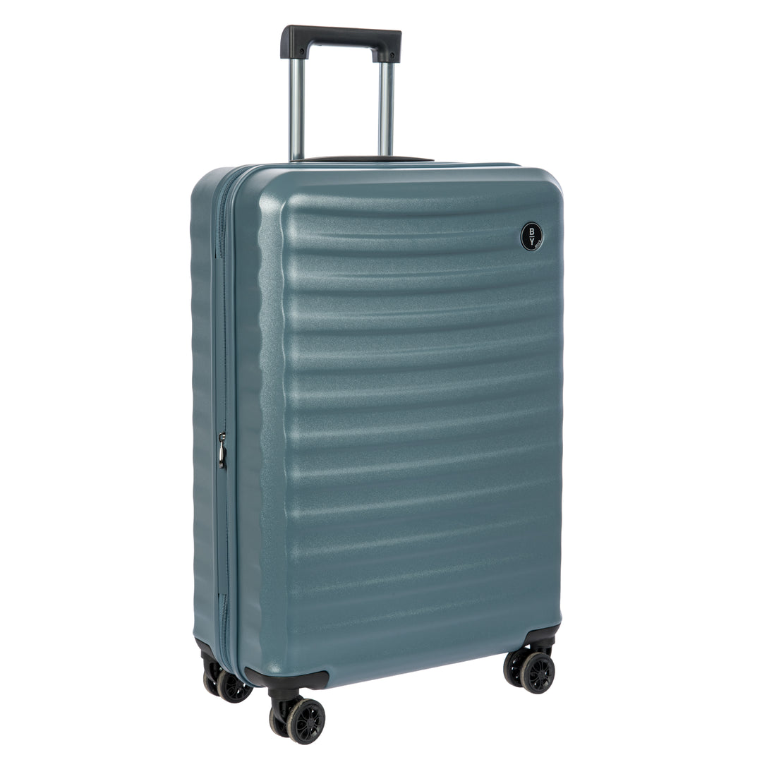 Blue Bric's suitcase with a ribbed texture on a white background