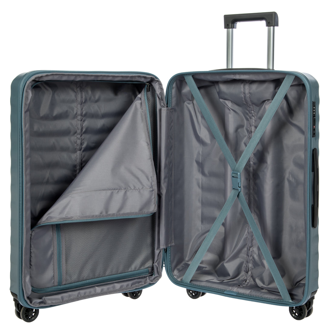 Open blue Bric's suitcase with grey interior on a white background
