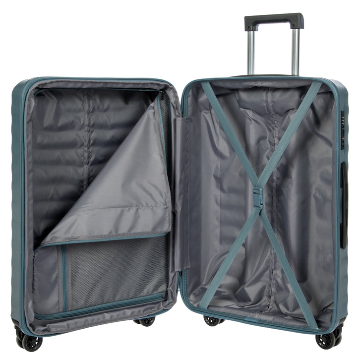 Open blue Bric's suitcase with grey interior on a white background