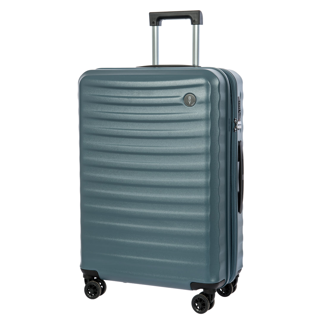 Blue Bric's suitcase with a ribbed texture on a white background
