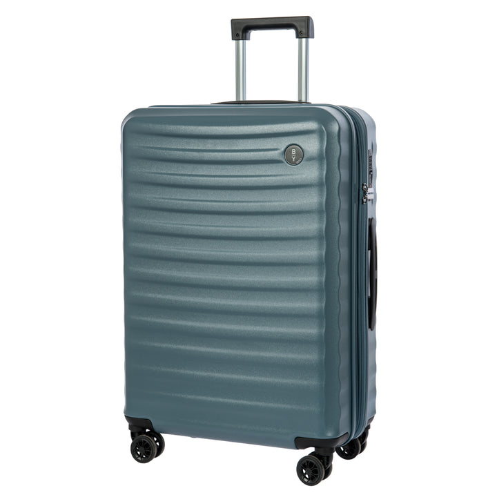 Blue Bric's suitcase with a ribbed texture on a white background