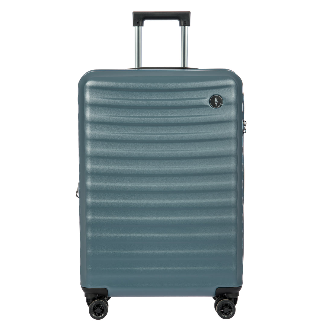 Blue Bric's suitcase with a ribbed texture on a white background