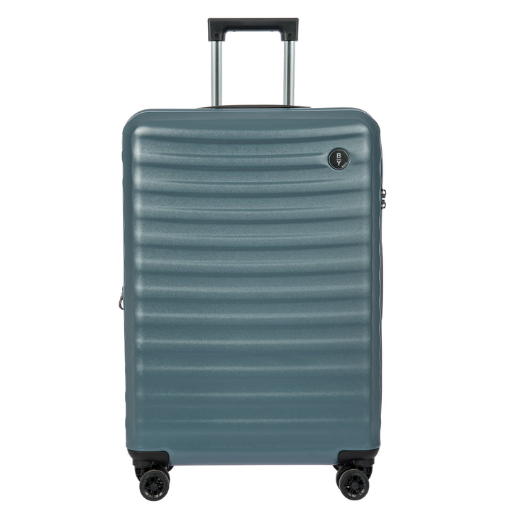 Blue Bric's suitcase with a ribbed texture on a white background