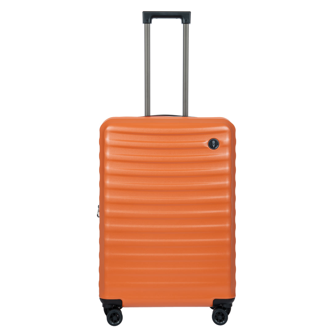 Orange Bric's suitcase with a textured surface on a white background