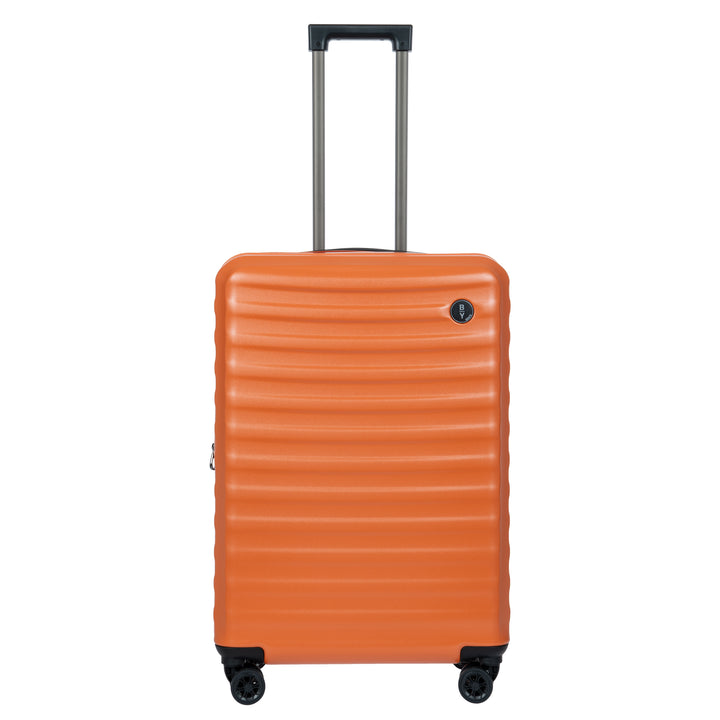 Orange Bric's suitcase with a textured surface on a white background