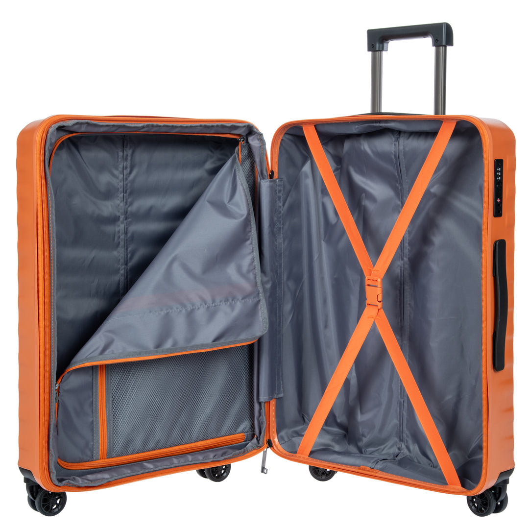 Open orange Bric's suitcase showing grey interior lining on a white background