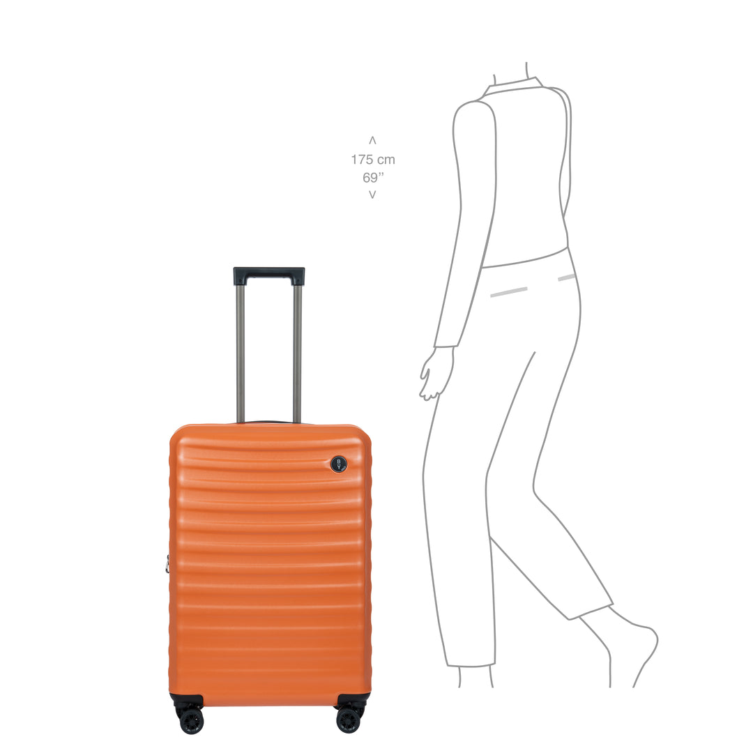Orange suitcase with a person outline and measurements on a white background