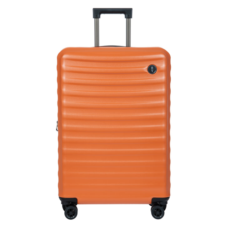 Orange Bric's suitcase with a textured surface on a white background