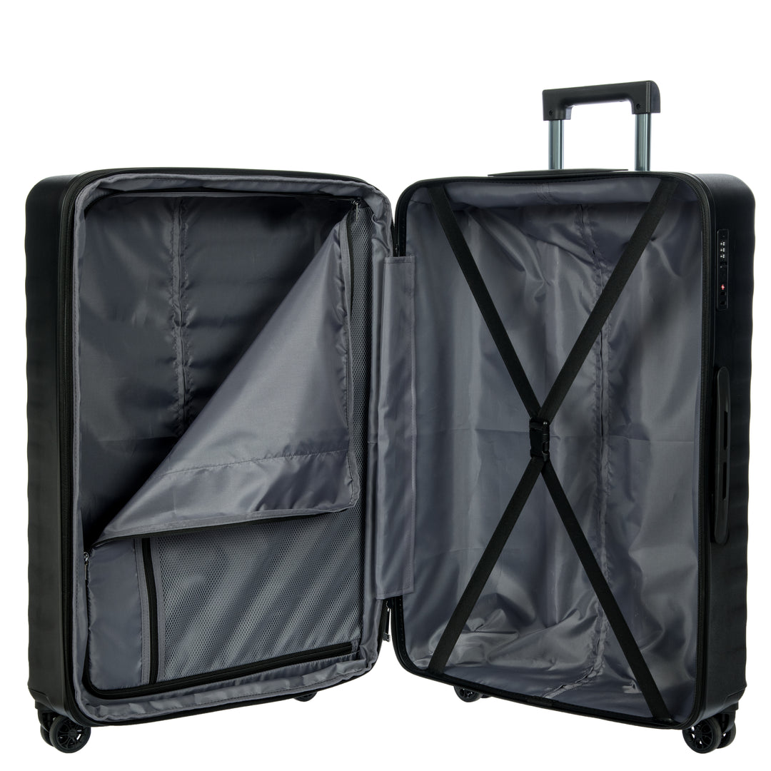 Open black suitcase with grey interior on a white background