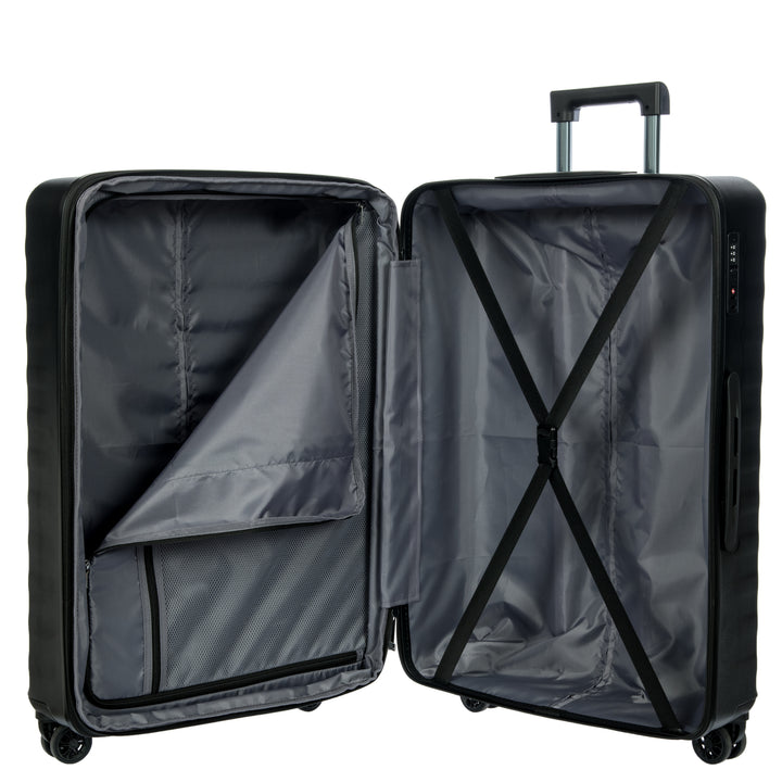Open black suitcase with grey interior on a white background
