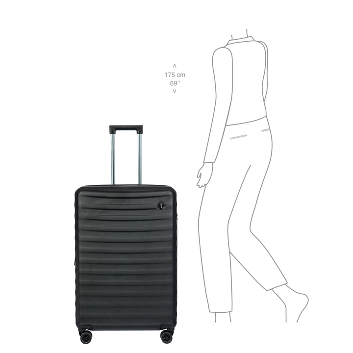 Black suitcase with dimensions shown relative to a person's height.