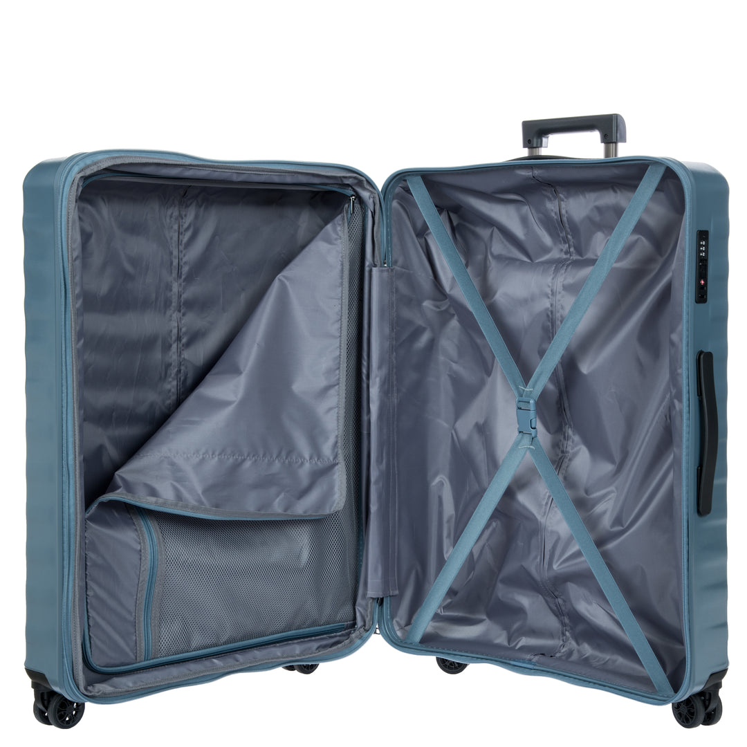 Open blue suitcase on a white background
