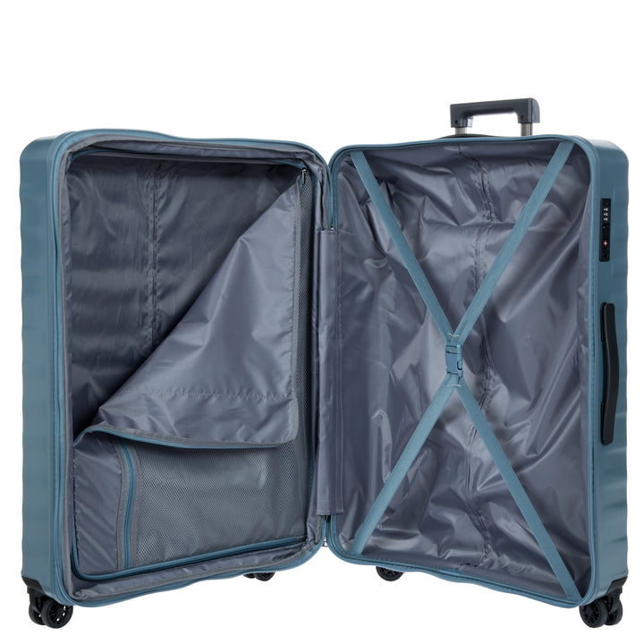 Open blue suitcase on a white background