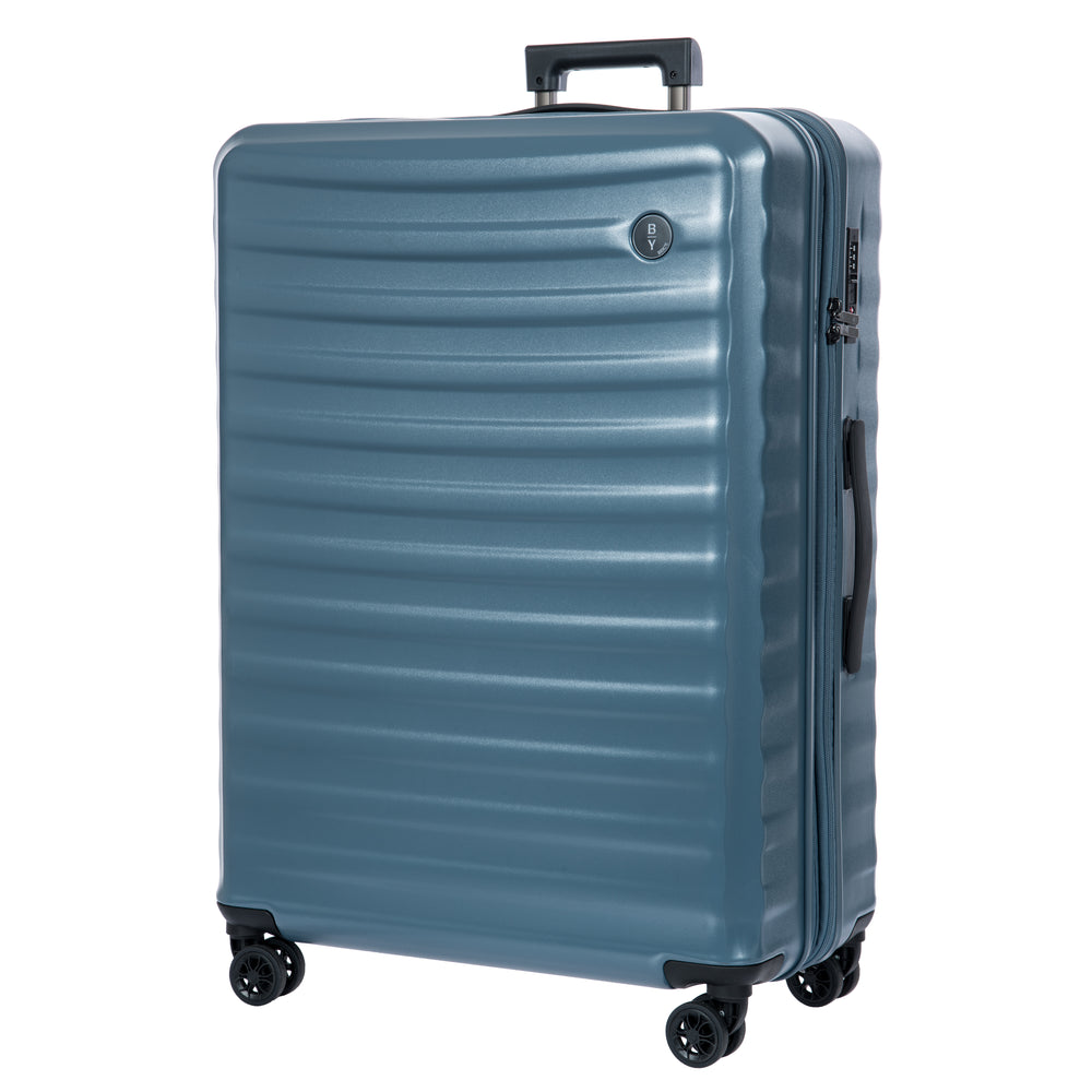 Blue Bric's suitcase with a textured surface on a white background