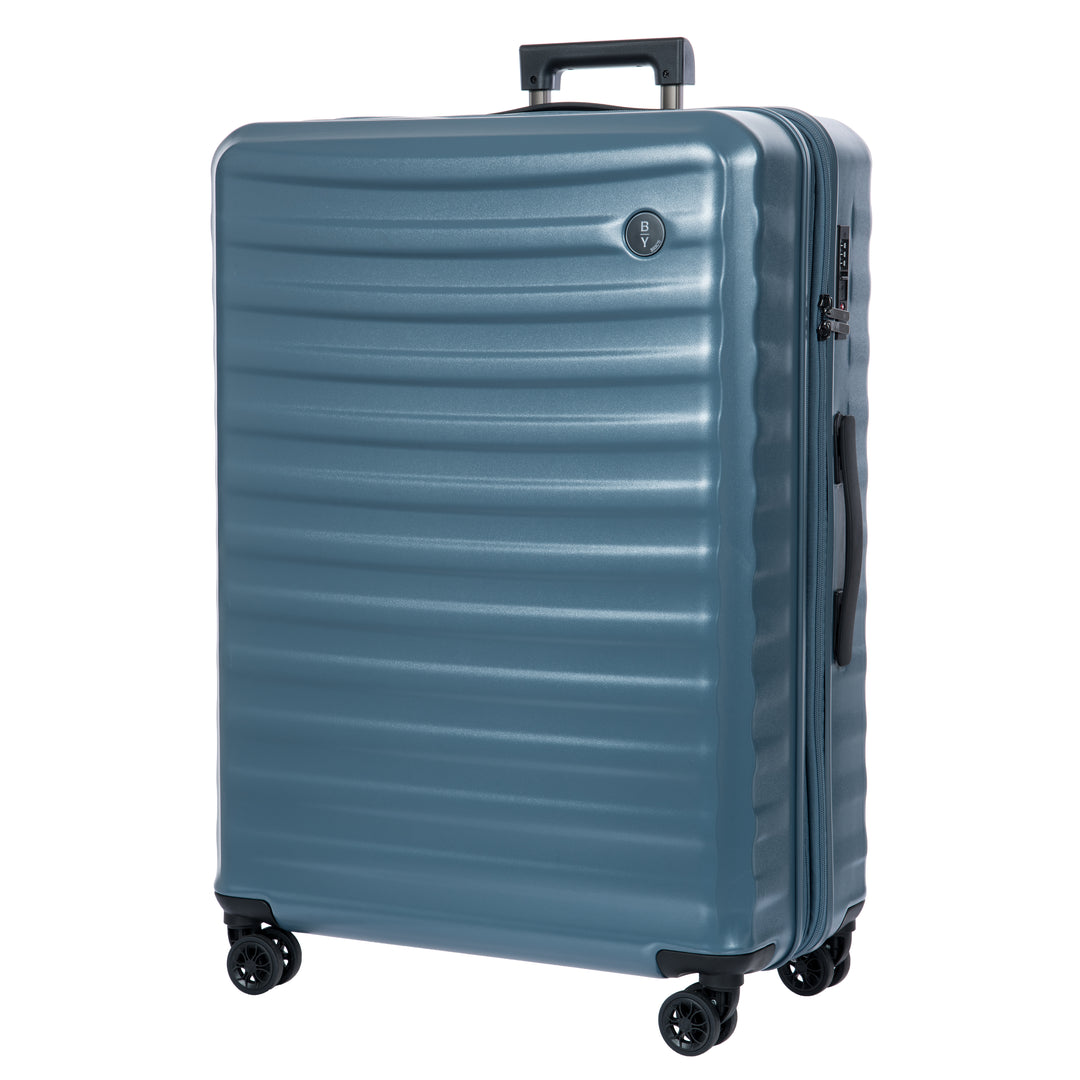 Blue Bric's suitcase with a textured surface on a white background