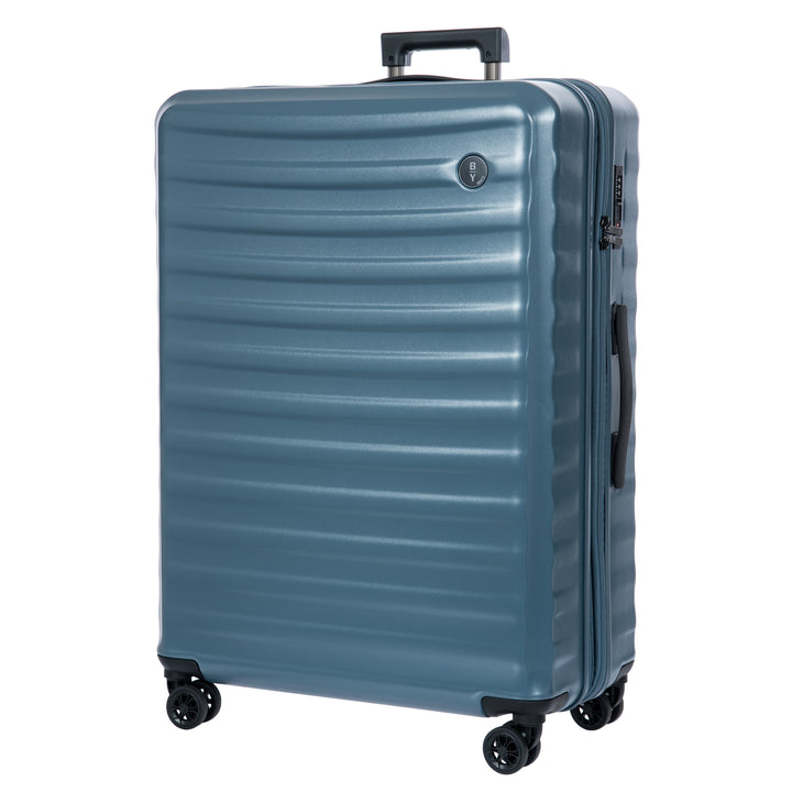 Blue Bric's suitcase with a textured surface on a white background