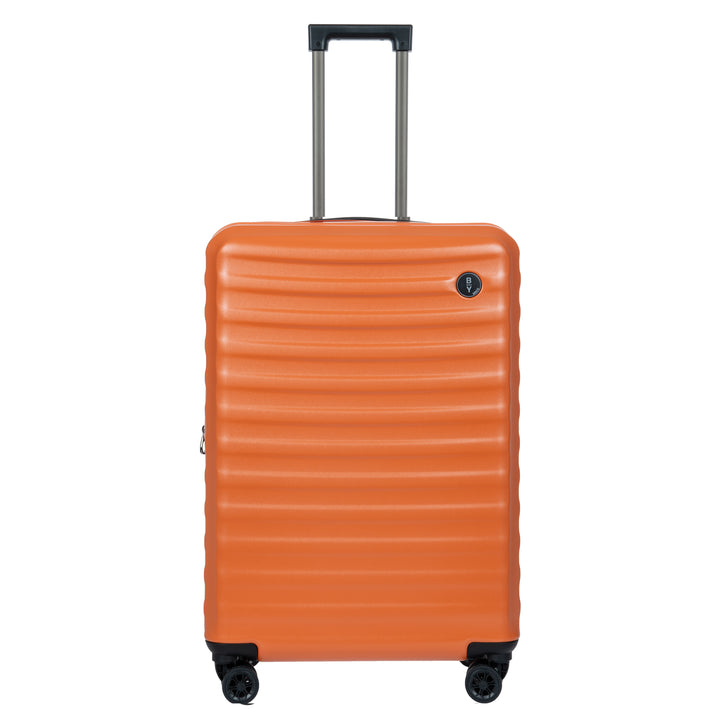 Orange Bric's suitcase with a textured surface on a white background