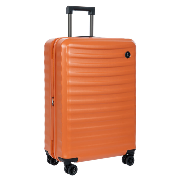 Orange Bric's suitcase with a textured surface on a white background