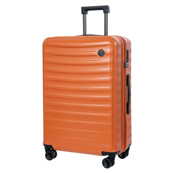 Orange Bric's suitcase with a textured surface on a white background