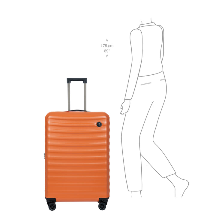 Orange Bric's suitcase with a person outline and measurements on a white background