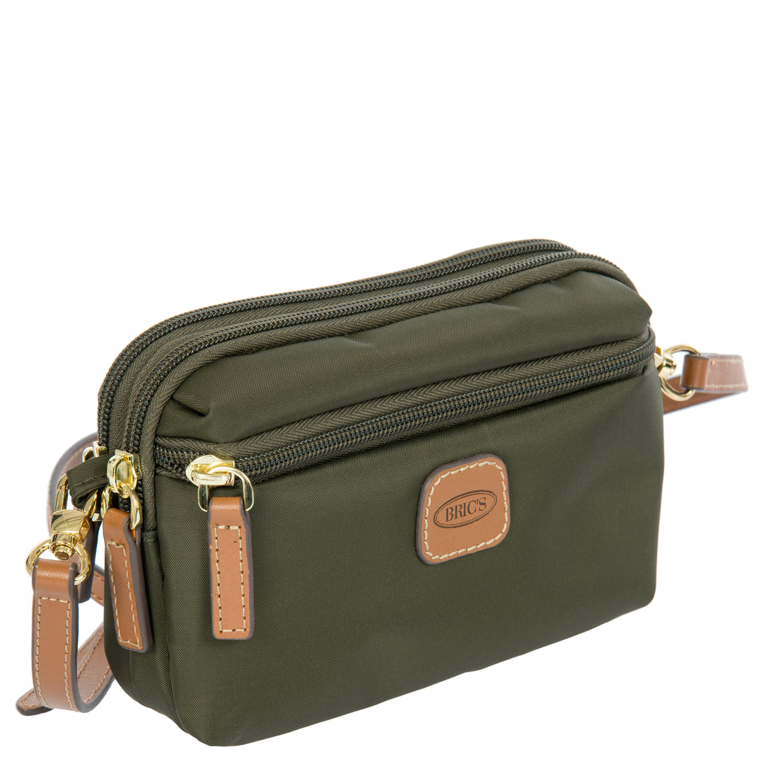 Green handbag with brown accents on a white background