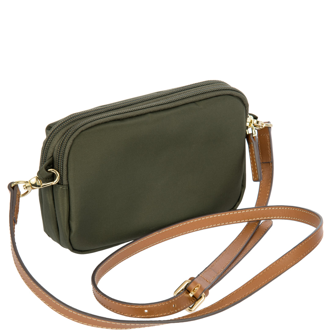 Green handbag with a brown strap on a white background