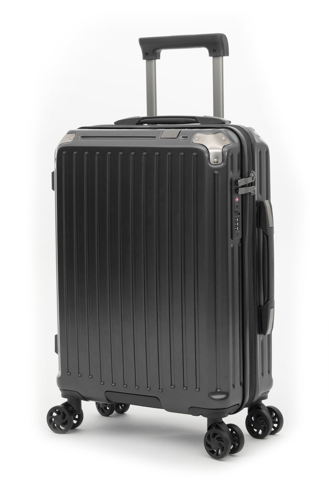A black hard-shell spinner suitcase with a ribbed front panel, telescoping handle, and four wheels, shown on a clean white background.