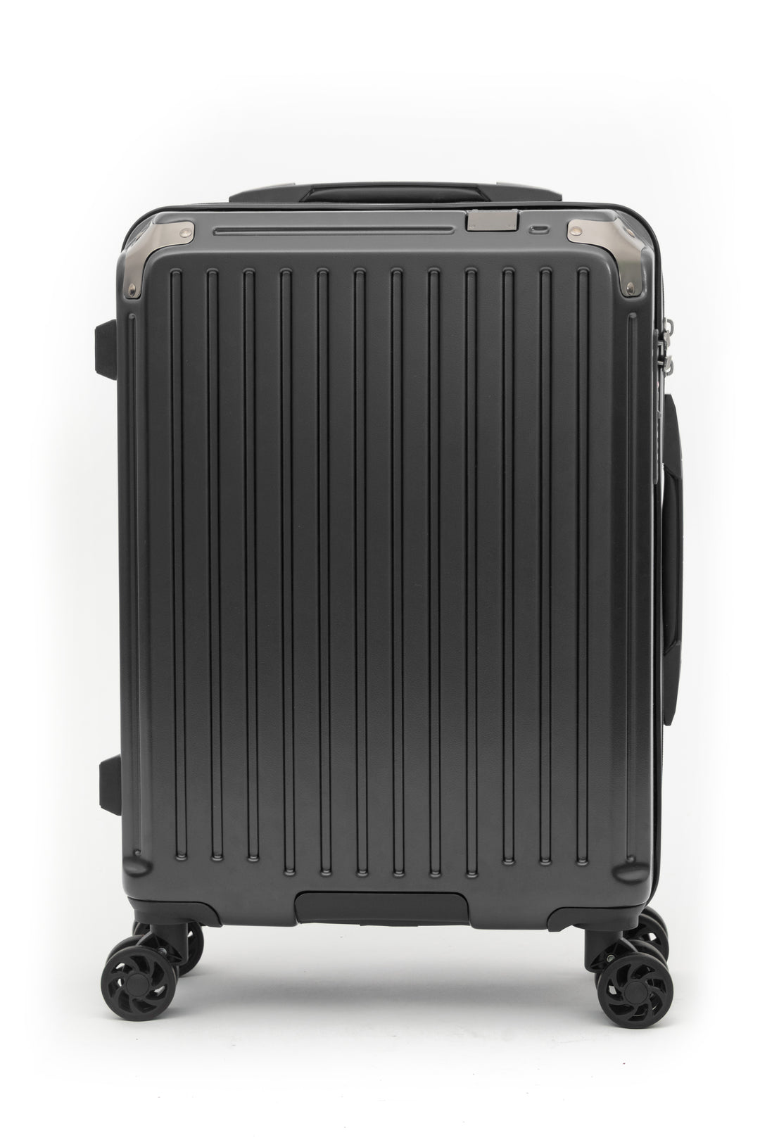 Black suitcase with vertical ridges and 4 wheels on a white background