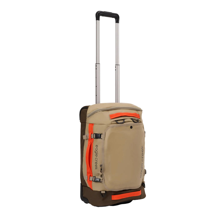 Beige and brown suitcase with orange accents on a white background
