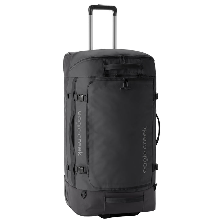 Black rolling duffel bag with 'eagle creek' branding on a white background