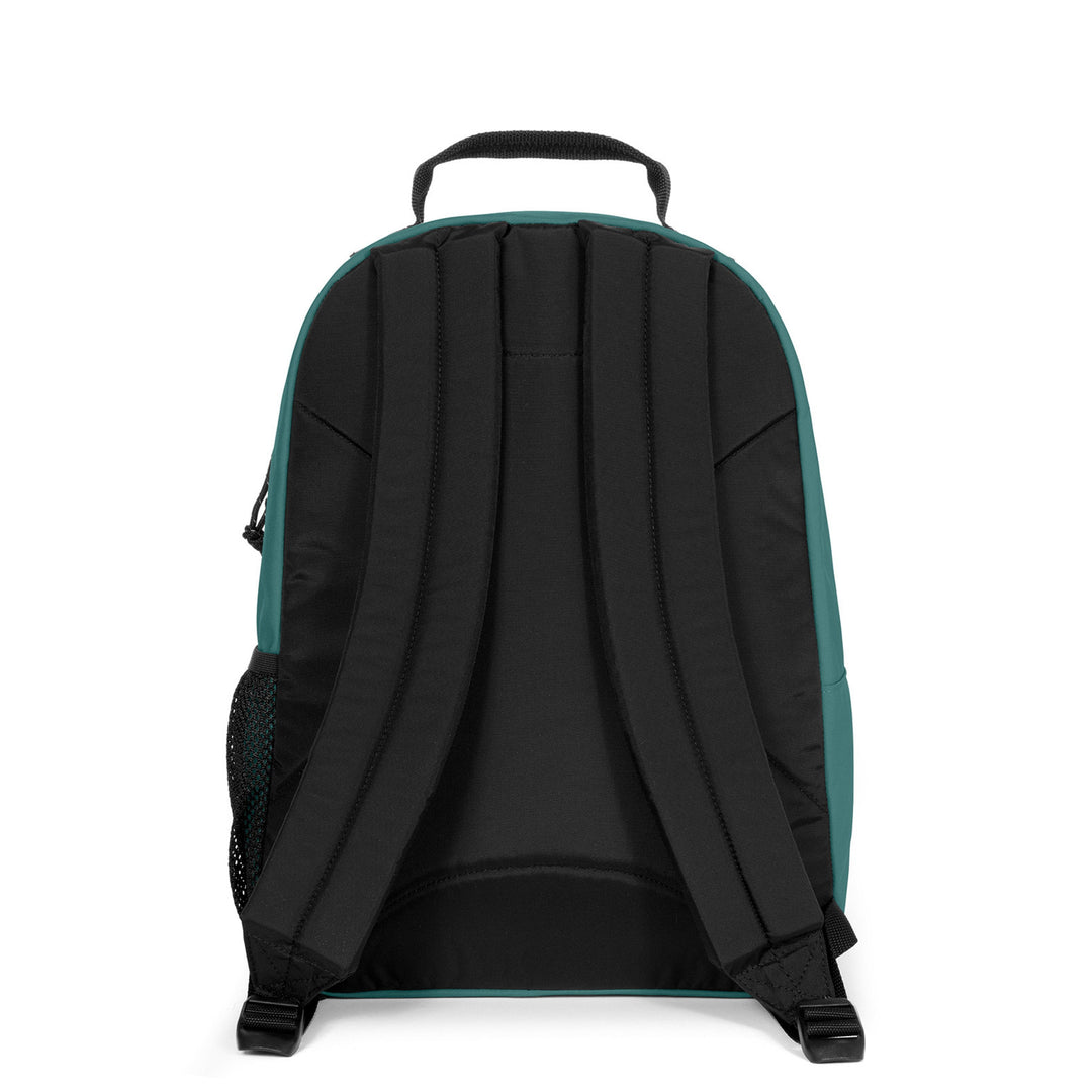 Back view of a teal and black backpack on a white background