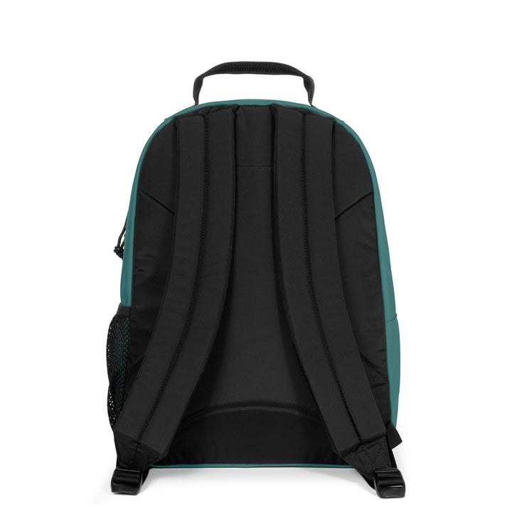 Back view of a teal and black backpack on a white background