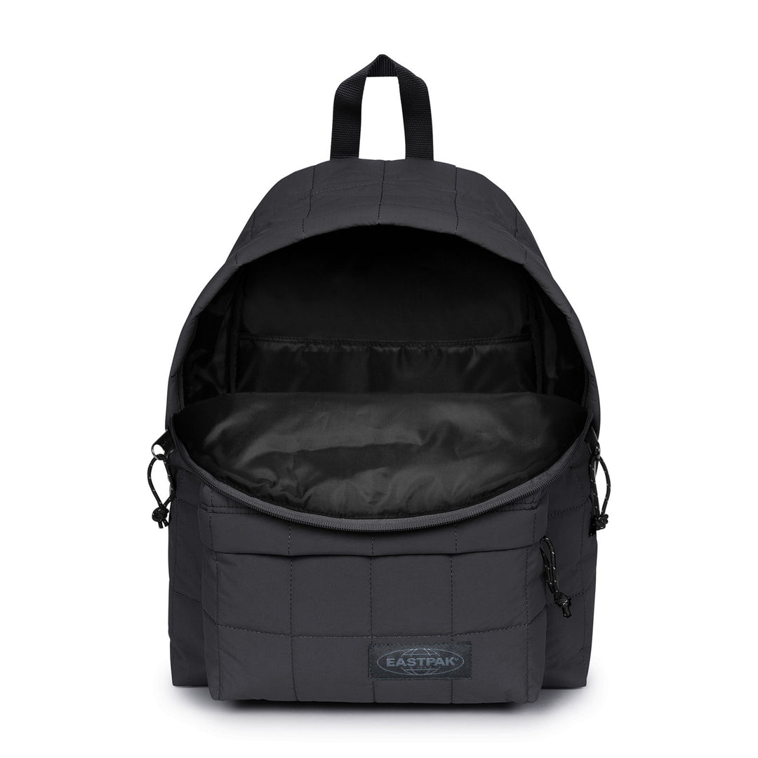 A black Eastpak backpack shown from the front with its main compartment open, revealing a black interior, on a plain white background.