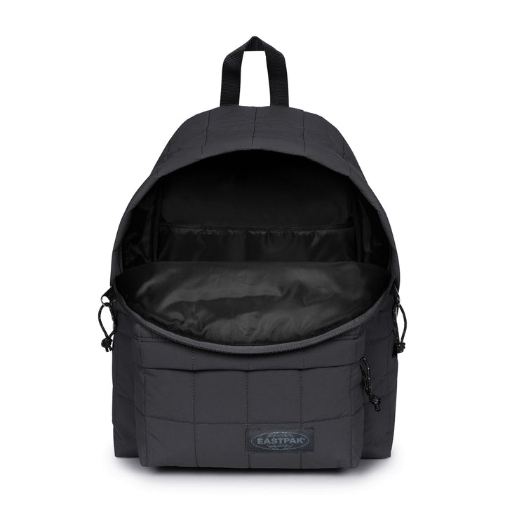 A black Eastpak backpack shown from the front with its main compartment open, revealing a black interior, on a plain white background.