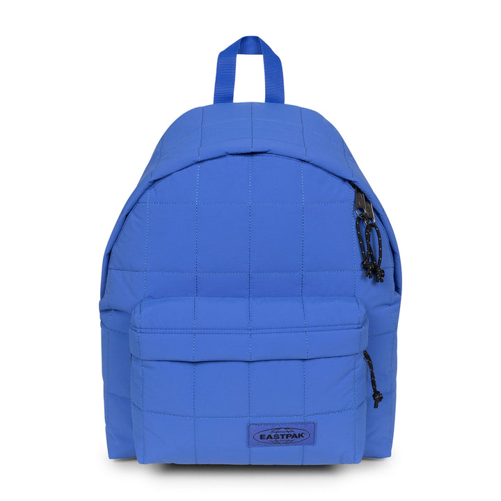 A blue quilted backpack by Eastpak, featuring a front zippered pocket and a top carry handle, shown against a plain white background.