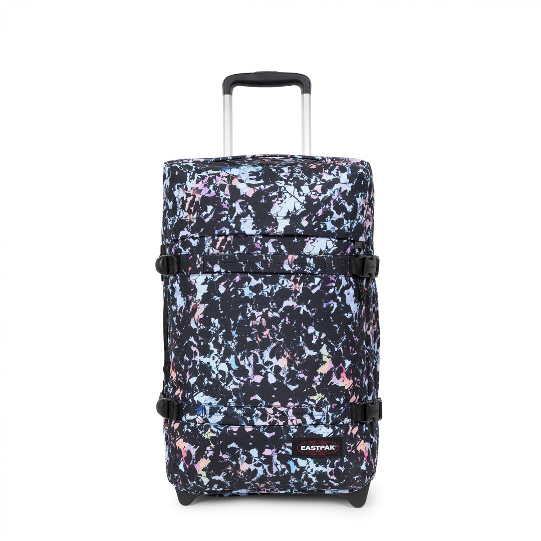 Multicolored patterned suitcase with Eastpak logo on a white background