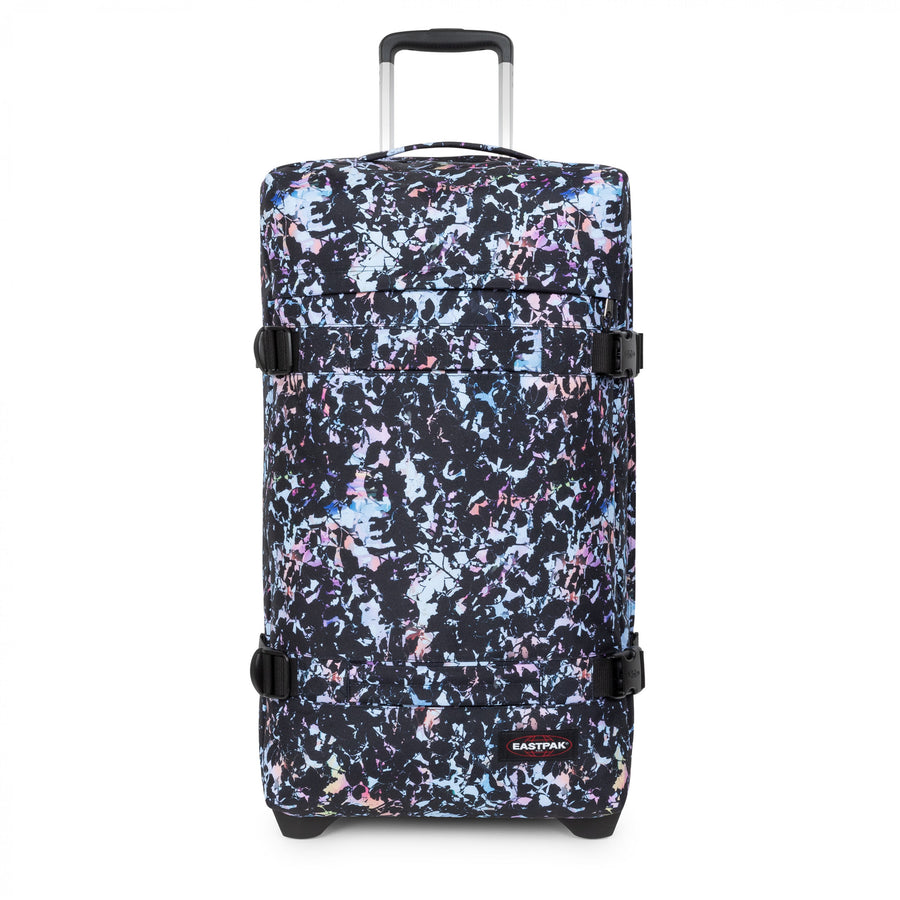 Multicolored patterned suitcase with Eastpak branding on a white background