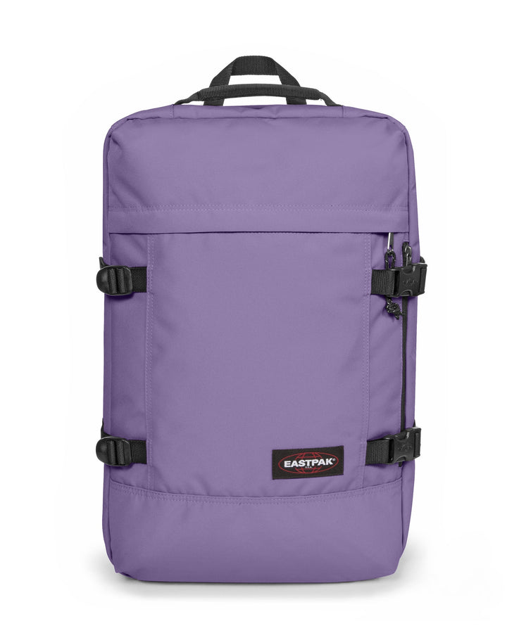 Purple backpack with black straps on a white background