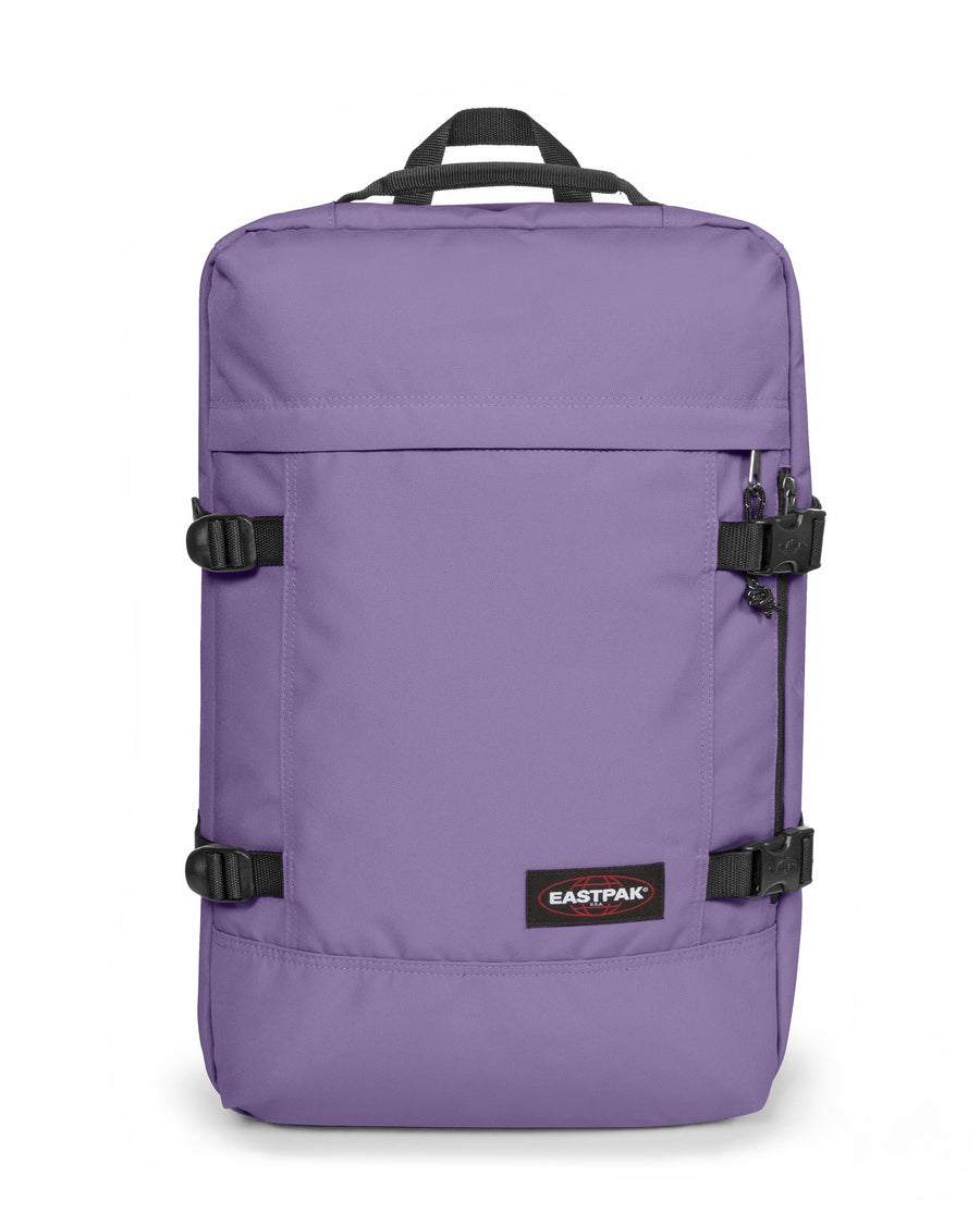 Purple backpack with black straps on a white background
