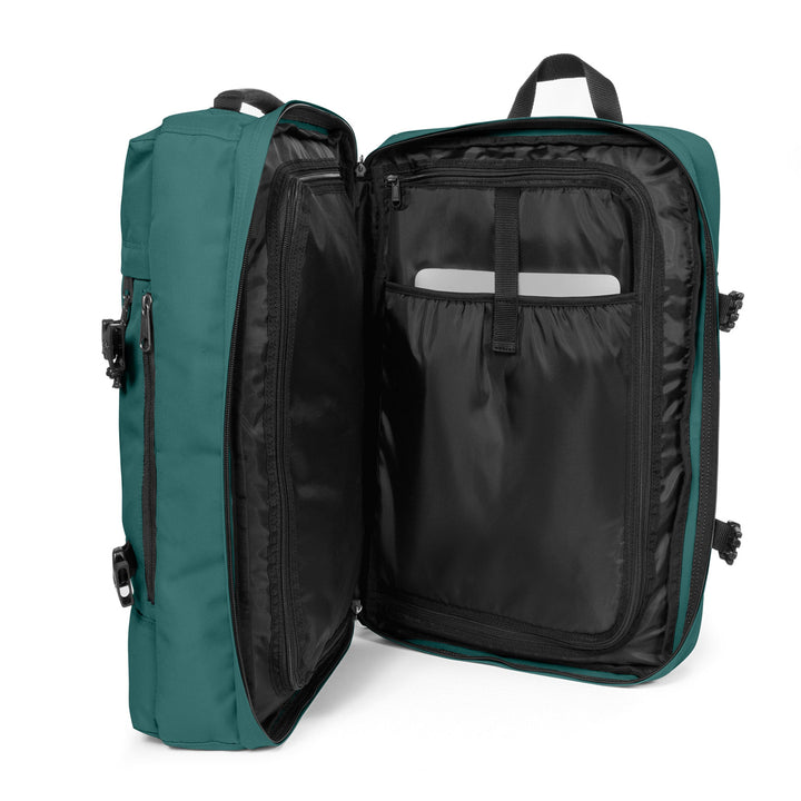 Green and black backpack with open compartments on a white background