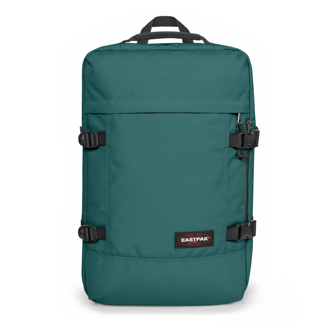 Green Eastpak branded backpack with black straps on a white background