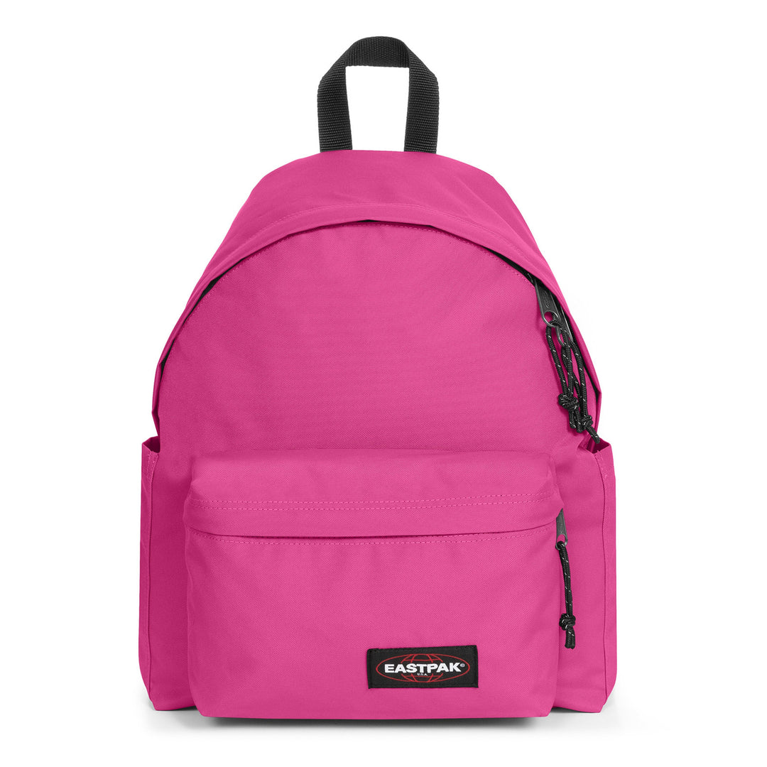 A bright pink Eastpak backpack with a black top handle and black zipper pulls, shown against a plain white background.