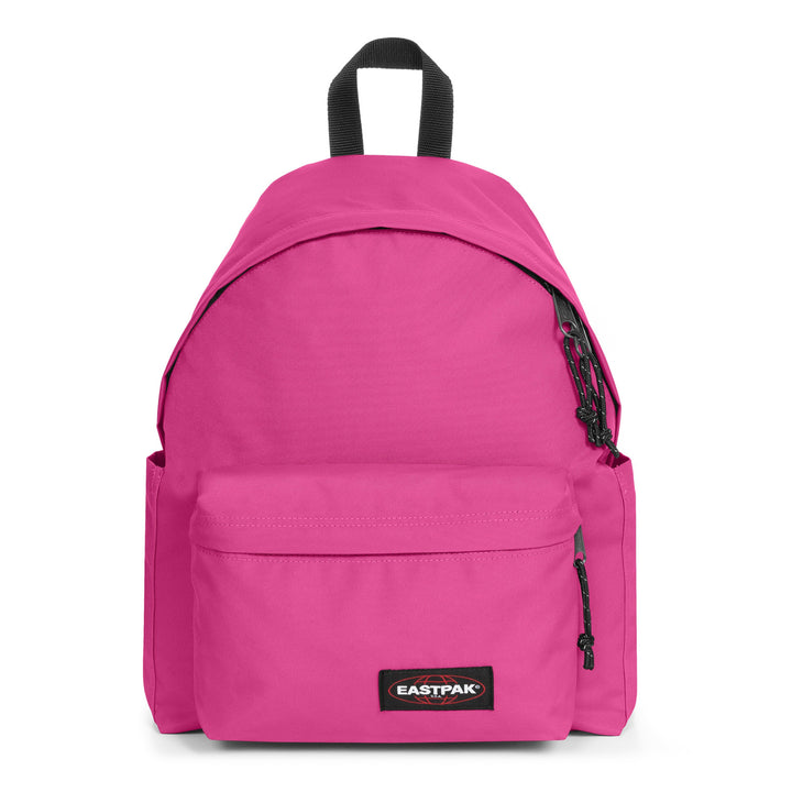A bright pink Eastpak backpack with a black top handle and black zipper pulls, shown against a plain white background.