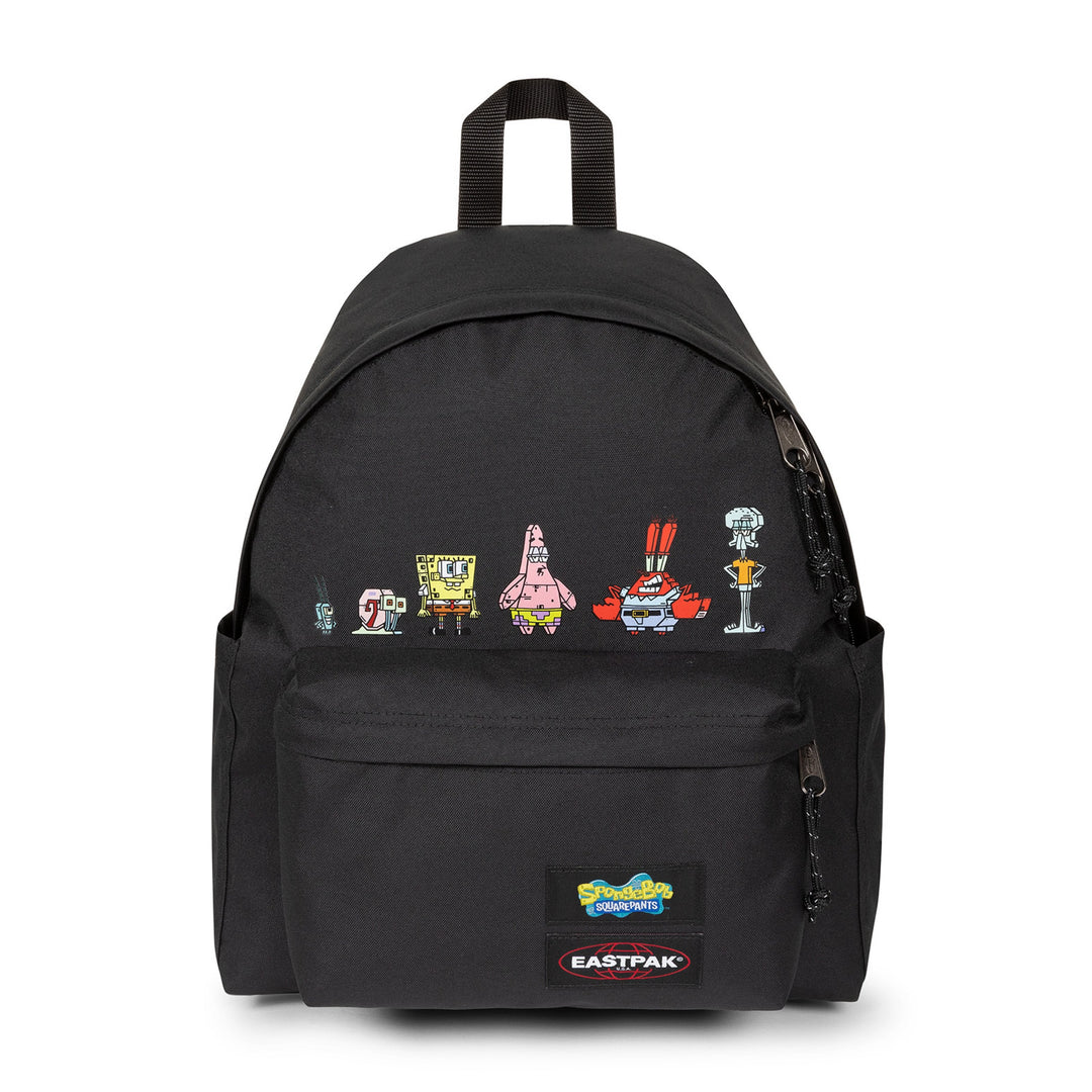 Black backpack with Spongebob cartoon character patches on a white background